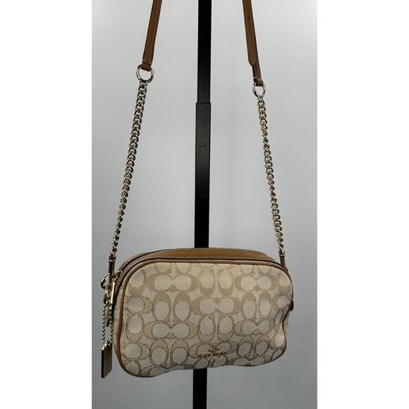 Coach Signature Canvas Camera Bag Crossbody Chain Strap Tan Leather - Picture 6 of 10
